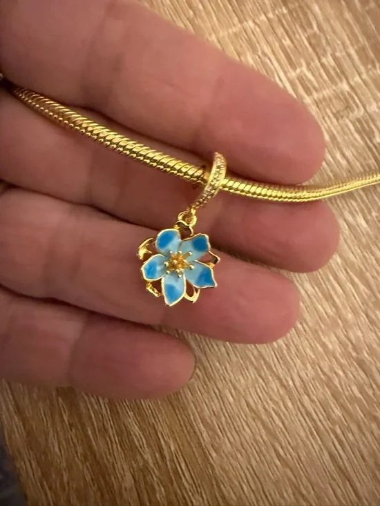 Gold Blue Enamel Flower Charm Pendant - Picture 4 of 5